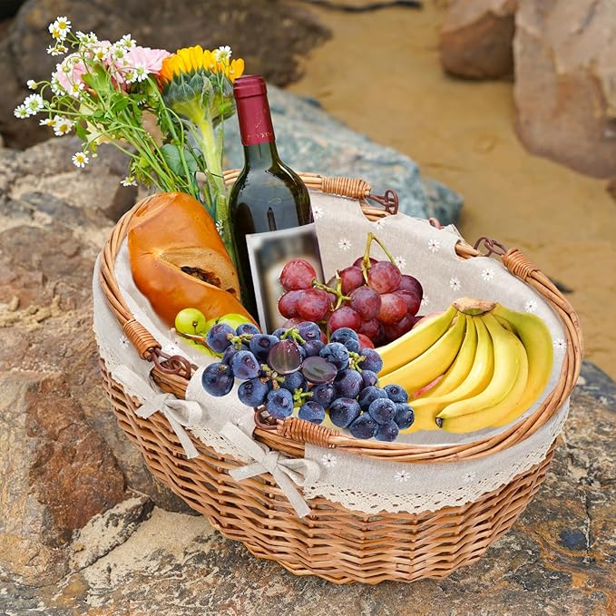 G GOOD GAIN Wicker Picnic Basket with Double Folding Handles,Willow Picnic Hamper,Natural Hand Woven Easter Basket,Easter Eggs and Candy Basket,Bath Storage,Gift Packing Basket.White