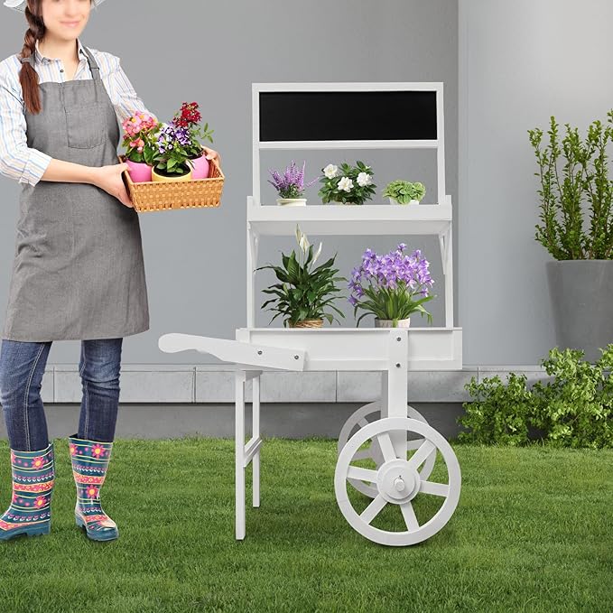Flower Display Stand with Blackboard, 2 Tier Flower Cart Display Rack, Plant Holder Display with Decoration Wheels, Heavy Duty Moving Flower Rack for Patio Garden Living Room Florist(White)