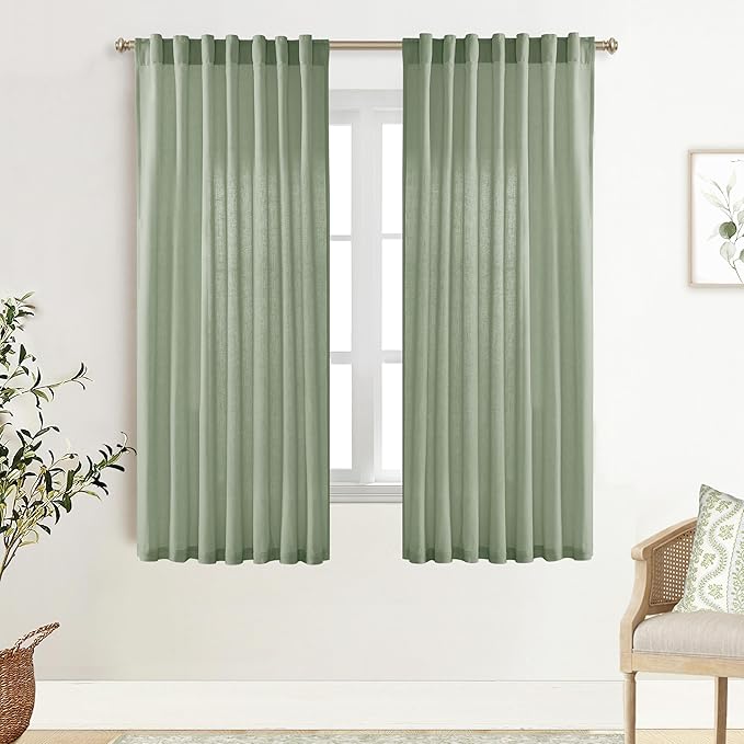 XTMYI Sage Green Sheer Curtains 63 Inch Length for Living Room,Boho Rod Pocket Light Filtering Linen Semi Transparent Bedroom Curtains Drapes 63 Inches Long 2 Panels Set for Bathroom Window Kitchen