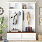 Merax Wood Hall Tree Entryway Bench with 6 Hooks, Farmhouse Mudroom Versatile Coat Racks with 2 Large Drawers Entrance Organizer for Hallway White
