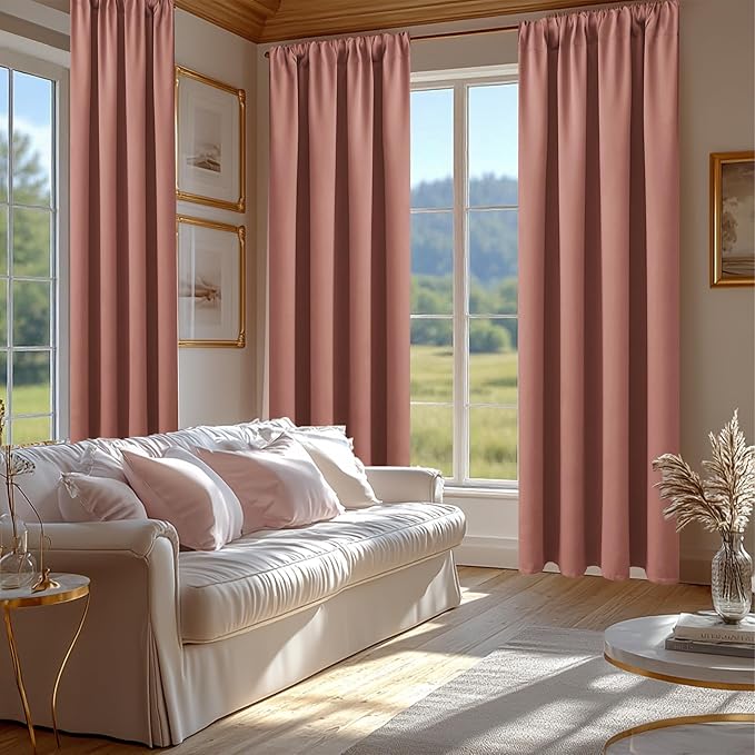 JIUZHEN Blackout Curtains for Bedroom - 60 Inch Extra Wide Thermal Insulated Room Darkening Privacy Soundproof Curtains for Living Room/Dorm Room, Set of 2 Panels, 60 x 84 inches,Dusty Rose