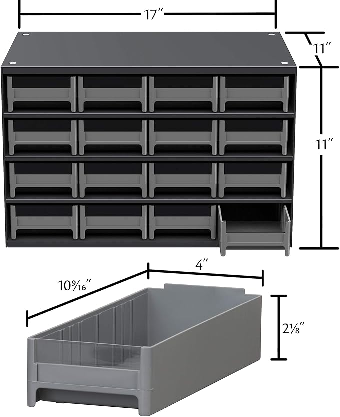 Akro-Mils Steel Garage Storage Cabinet, Small Parts Organizer Metal Cabinet for Hardware, Nails, Screws, Bolts, Nuts, and More, 17" W x 11" D x 11" H, 16-Drawer, Gray Cabinet/Gray Drawers (19416)