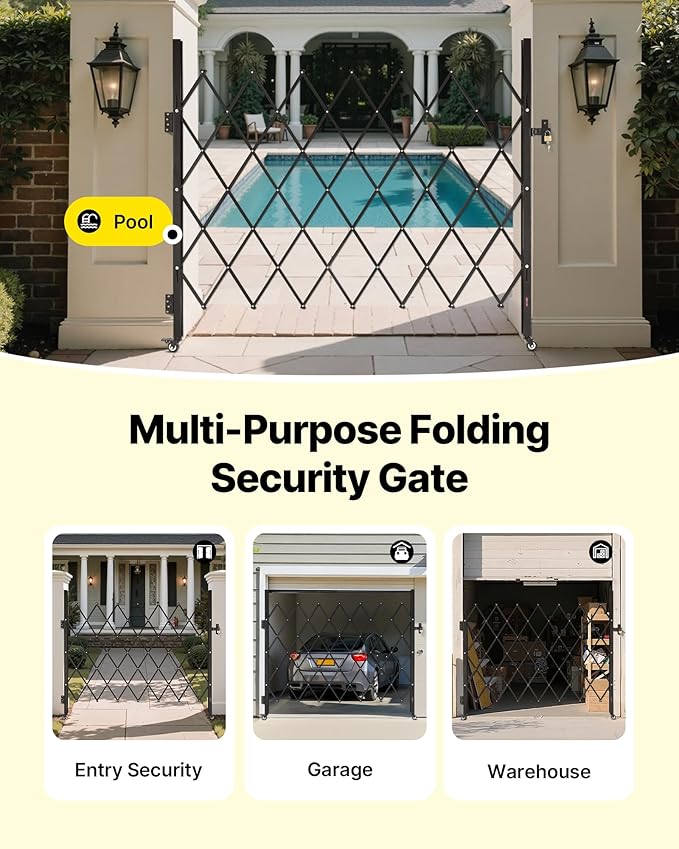 VEVOR Single Folding Security Gate, Lockable Scissor Gate with 360° Swivel Casters, Outdoor Barricade Steel Retractable Gates, for Entry Security, Garage, Warehouse & Pool, 70.87 x 63.39 in (W x H)