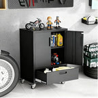 Metal Garage Storage Cabinet with Wheels,Black Lockable Rolling Tool Cabinet with Drawer and Adjustable Shelves,Heavy Duty Tools Cabinet for Home Office Utility Room