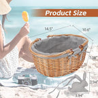 G GOOD GAIN Oval Picnic Basket with Folding Handles, Willow Hand Woven Shopping Basket, Bath Storage Gift Packing Basket, Wicker Empty Easter Eggs and Candy Small Gift Basket. Grey