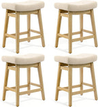 Counter Height Bar Stools Set of 4 for Kitchen Counter, Backless Farmhouse Kitchen Island Barstools with Upholstered Fabric Saddle Seat and Solid Wood Legs Modern 24 inch Bar Chairs, Khaki