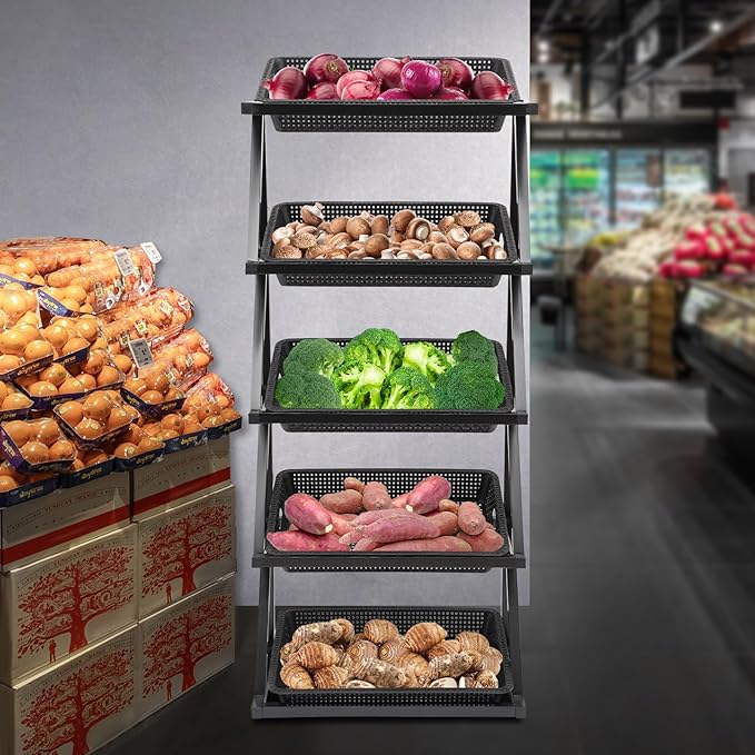 Fruit Vegetable Storage Basket,Kitchen Organizers 5 Tier Basket Stand Storage Baskets Market Shelf for Kitchen Store (Black)