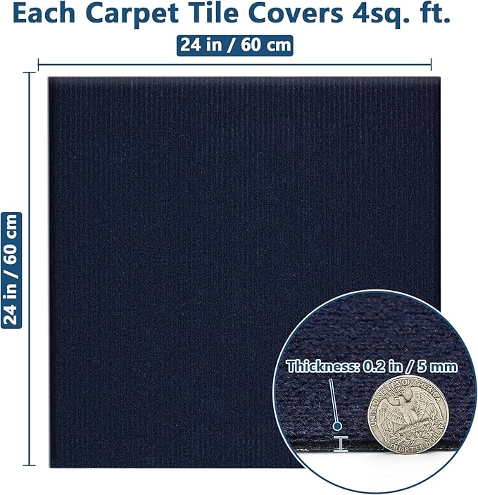 Carpet Tiles Peel and Stick 24” x 24”, Self Adhesive Soft Padded Flooring Stickers, Dark Blue Home Decor for Bedroom Living Room Office, 20 Tiles & 80 sq ft per Box