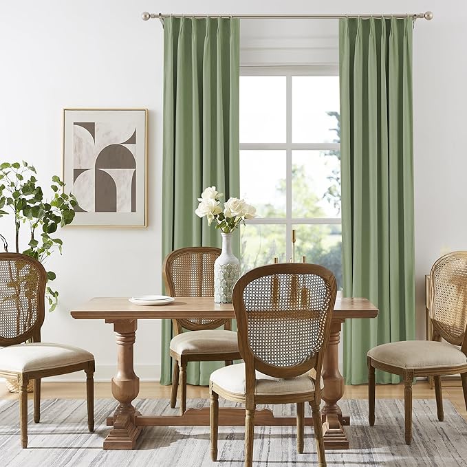 DUALIFE Sage Green Pinch Pleated Blackout Curtains 40 x 90 Inches Long, Back Tab Drapes for Living Room Bedroom Thermal Insulated Full Blackout Draperies with Hooks