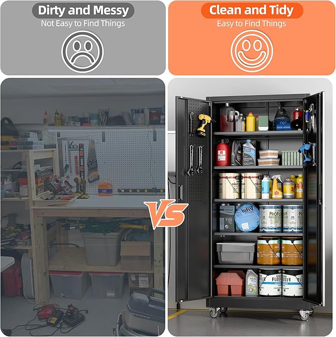 Aobabo Upgrade 71H''*34''W*18''D Metal Garage Storage Cabinet with Wheels and Pegboards, 5 Adjustable Shelves Steel Storage Cabinets for Home,Warehouse,Garage,Black,Assembly Required