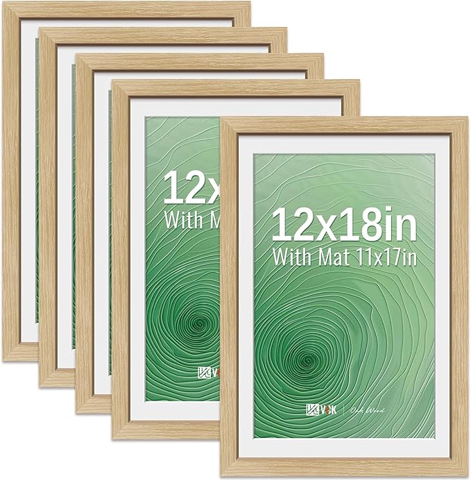 VCK 12x18 Picture Frame 5 Pack - Natural Oak, High-End Wood Poster Frames with Tempered Glass, Display 11x17 Photo with Mat or 12x18 without Mat, Art Gallery-Quality, Wall Hanging, Natural Oak