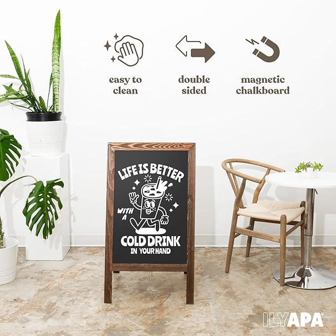 Ilyapa Wooden Sandwich Board Signs Outdoor A Frame Chalkboard Sign with Eraser & Chalk - Magnetic Sidewalk Sign 20x40 - Chalkboard Easel for Restaurant, Business or Wedding
