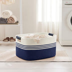 72L Large Laundry Basket with Leather Handles for Living Room Storage, Woven Rope Baskets Bin for Blanket, Kids Toy, Gifts, Wicker Hamper for Bedroom Dirty Clothes, 22"x17"x12" White Navy