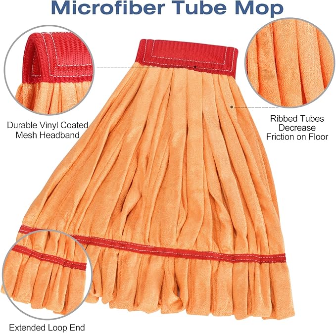 Matthew Cleaning Microfiber Tube Mop(Meduim,Orange,6Pack) Heavy Duty Mop Head Replacement,Excellent Absorbency,Premium launderability,Reusable,Loop end for Home,Commercial and Industrial Use