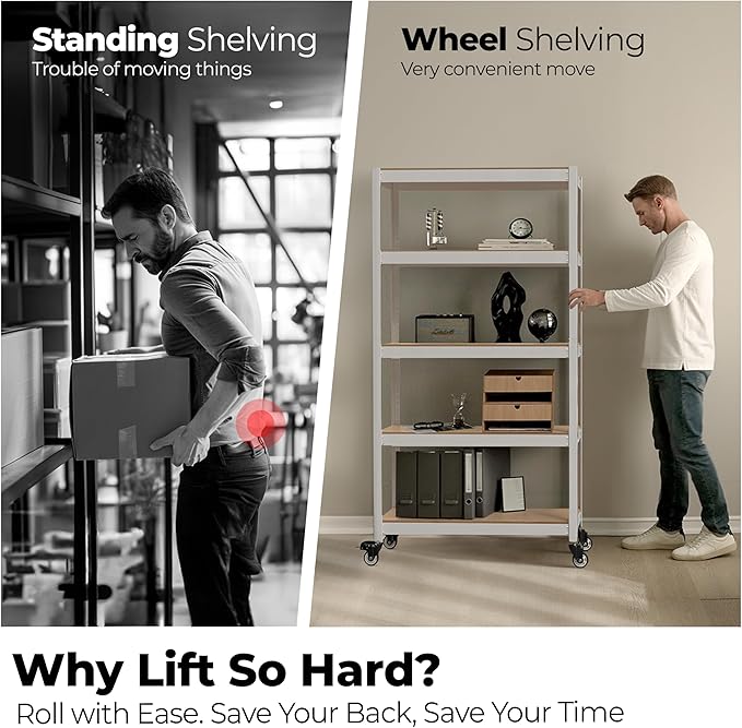 HOMEDANT House 5-Tier Metal Rolling Cart Shelf Rack Casters Heavy Duty Laminated Wheel Shelving Unit Adjustable Utility Storage Shelves Organizer Shelf Kitchen Garage (3, (S) 24.4" W, White)