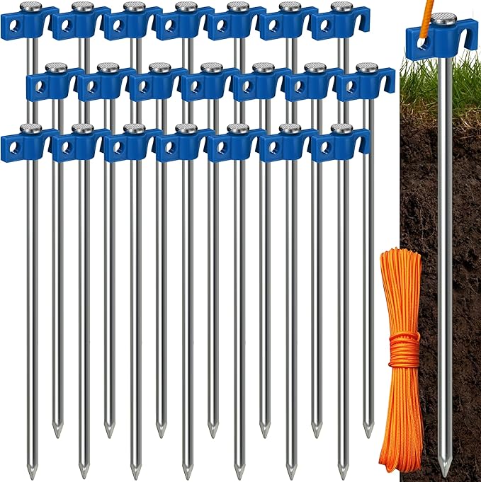Tradesparker Tent Stakes 22-Pack 10Inch Heavy Duty Garden Stakes Canopy Anchors Double-Sided Hook Design - Includes Ropes for Camping Tents, Pop Up Canopies and Outdoor Events, Blue