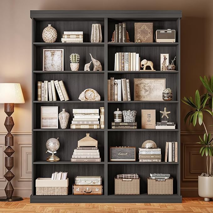 Vyre 70.8" Tall Black Bookshelf, Farmhouse Modular Bookcase with 6-Tier Adjustable Shelves, Large Storage Cabinet for Home Office, Living Room, Set of 2