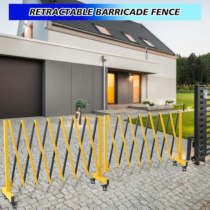 2 Set 16.8FT Industrial Metal Expandable Barricade，Retractable Traffic Fence with Casters, Folding Security Gate, Portable Barricade Gate for Construction Area, Traffic Control, Driveway and Garden