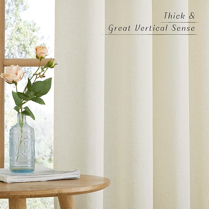 NICETOWN Kitchen Window Curtains 45 inch Long, Linen Texture Rod Pocket Rustic Privacy Drapes Semi Sheer with Light Filtering for Basement/Bathroom, Off White, W55 x L45, 2 Panels