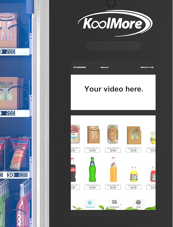 KoolMore Snack Vending Machine with 21.5 in. Touch Display, 66 Slots and Elevator-Lift Dispensing, Refrigerated, Bill Acceptor & Credit Card Reader with Connectivity in Black