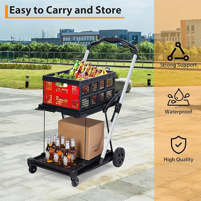 2-Tier Collapsible Shopping Cart, Foldable Grocery Cart with 198 lb Capacity, Wheels & Removable Crate, Portable Utility Trolley for Home, Groceries, Supermarket, Mall, Market, Red