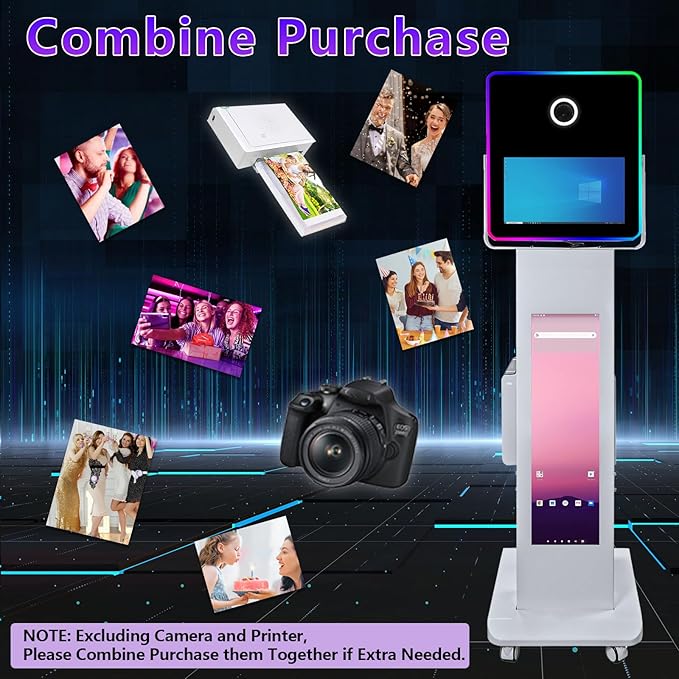 29in LCD Display Photo Booth Machine with 15.6in Mirror Touch Screen Selfie Station Shell Stand DIY Photobooth Machine with RGB Light for Parties Weddings Event (Machine+Camera)