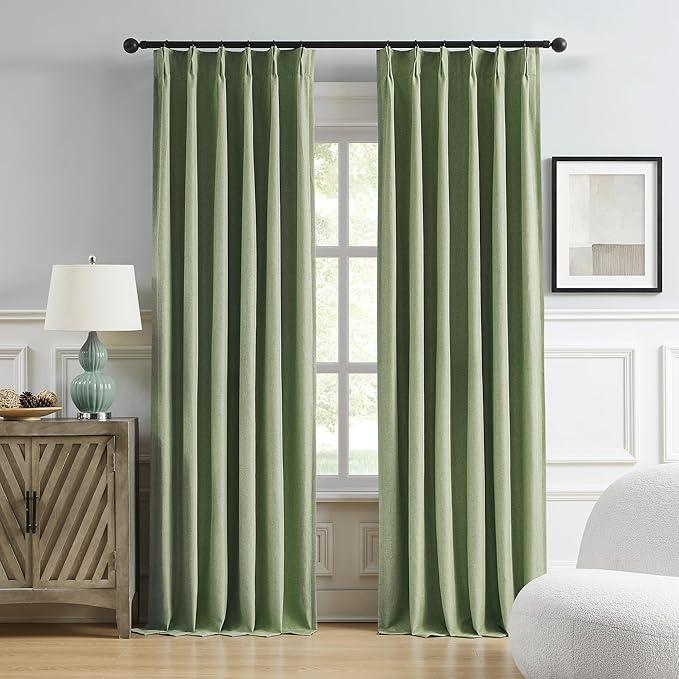 DUALIFE Sage Green Pinch Pleated Blackout Curtains 40 x 96 Inches Long, Back Tab Drapes for Living Room Bedroom Thermal Insulated Full Blackout Draperies with Hooks
