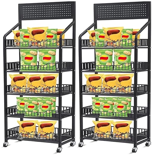 2 Set Retail Display Rack Shelf Cart with Wheels and Hook Heavy-Duty Metal Snack Potato Chip Display Organizer Concession Stand for Supermarket Grocery Store Home Black (5 Tier 15 Hooks)
