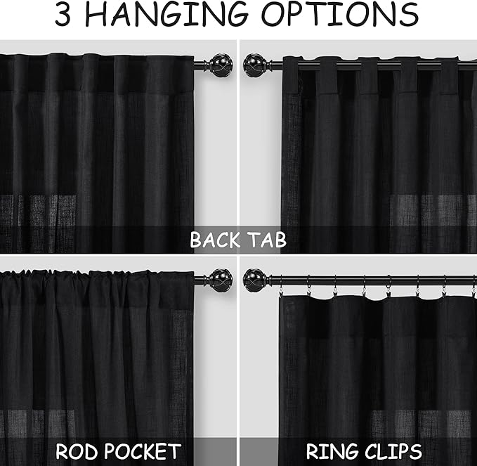 Nanspring Black Cafe Linen Curtains 24 Inch Length 2 Panels Privacy Semi Sheer Curtains for Small Window Kitchen Back Tab Rod Pocket Short Sheer Bathroom Curtain 36x24 Inches