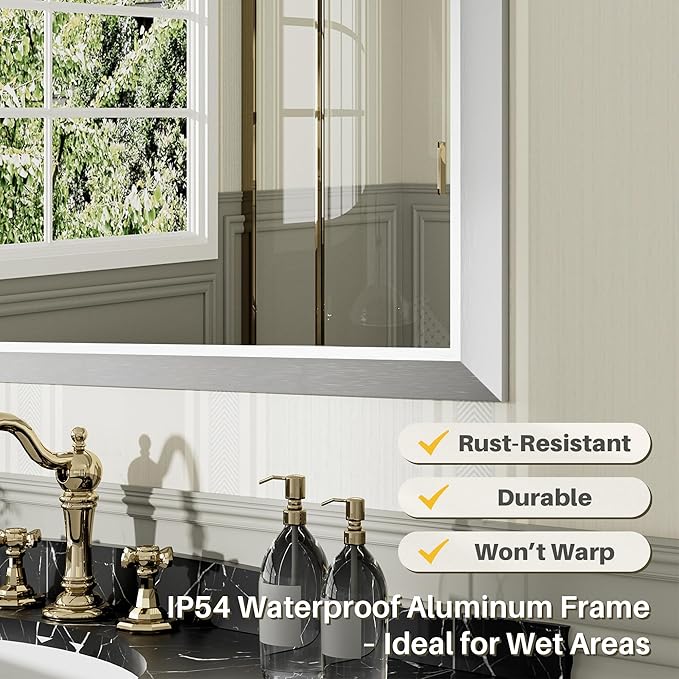 72x32 Inch Brushed Nickel Bathroom Mirror for Wall, Thick Metal Framed Rectangle Mirrors for Over Sink, Bedroom, Living Room, Entryway, Anti-Rust, HD Tempered Glass