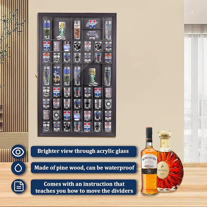 Removable Giant Shot Glass Display Case,30.5 * 19 Inches,70 Slots,Removable Shelves,Fit for Lots of Sizes Shot Glasses,Wall Mount,Gold Lock,with UV Protection Acrylic Glass Door