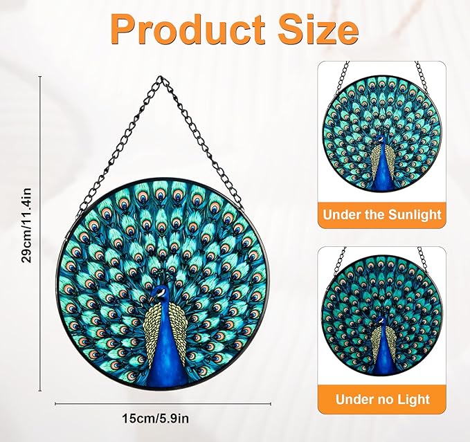 Full-Show Peacock Stained Glass Sun Catcher, 6 Inch Round Hand-Painted Window Hanging with Chain, Vibrant Glass Art for Home Garden Decor, Unique Gift for Nature & Bird Lovers