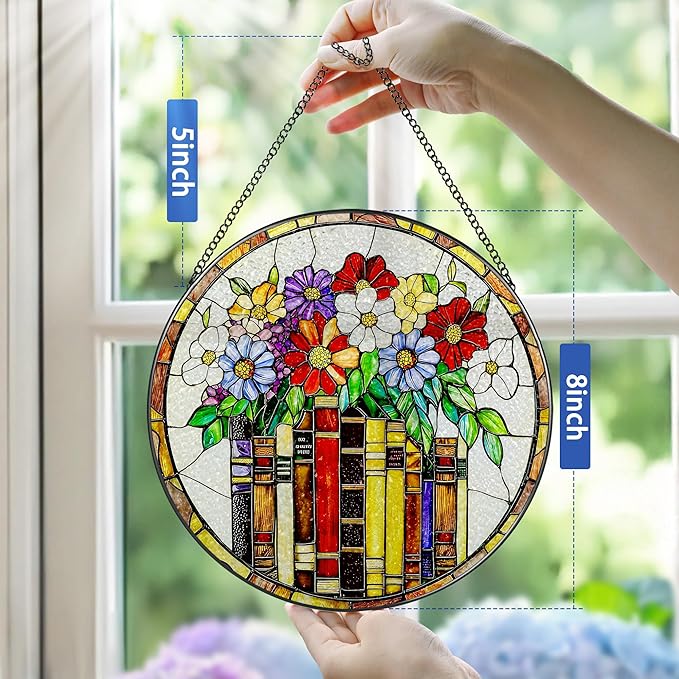8-Inch Flower Books Stained Glass Ornament, Stained Glass Window Hanging, Window Hanging Decor Suncatcher – Holiday Decor | Gifts for Bookworm, Book Reader, Book Lovers | Holiday Decorators