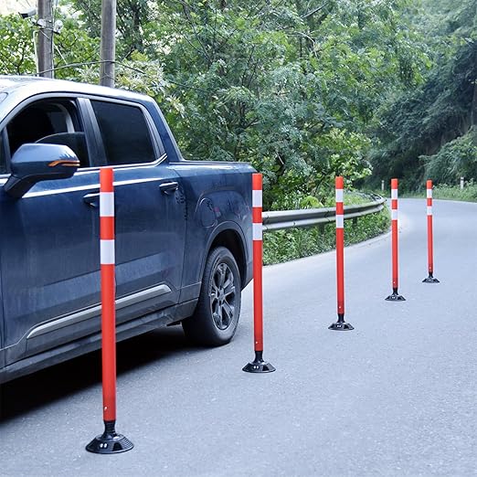 8 Pack Traffic Delineator Post Cones, High Visibility 3M Reflective Tapes, Flexible Spring Post with Detachable Base, for Highway Road Safety, Garage, Parking Lot (Orange, 48")