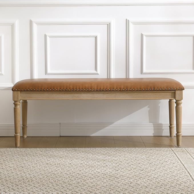46'' French Country Entryway Bench Wooden Faux Leather Upholstered Seat Dinng Bench with Nailhead Trim for Hallway End of Bed, Brown