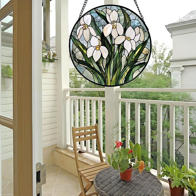 Stained Glass Window Hanging - White Green Snowdrops Flowers Suncatcher for Doors Garden Patio Sun Catchers Decor Christmas Mother's Day Birthday Gifts for Women Men Mom Nana Friend 7.8 in