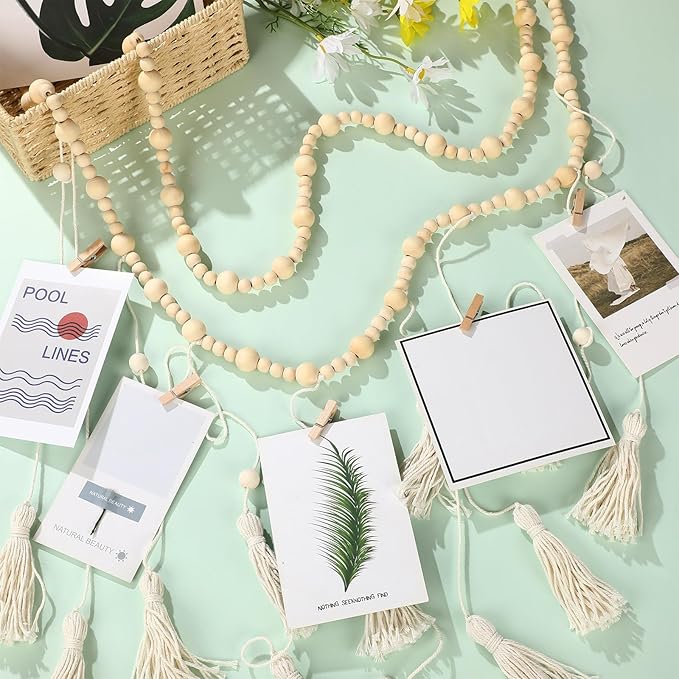Amyhill Amyhill Hanging Photo Display Boho Macrame Photo Hanging with 24 Wood Wall Clips Macrame Collage Picture Frame with Wooden Beads Double Layer Room Display Decoration Art(Simple Style)