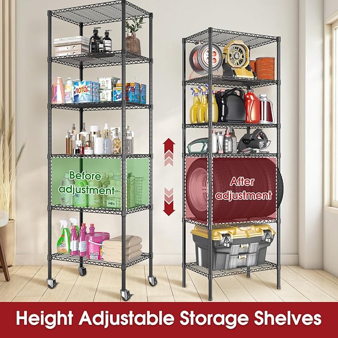 2 PACK 750 lbs Capacity Heavy Duty Garage Wire Rack Shelving, Adjustable 6-Shelf Metal Shelving with Wheels, 14"D x 24"W x 71"H Space-Saving Rolling Storage Shelves for Closet, Kitchen & Garage, Black
