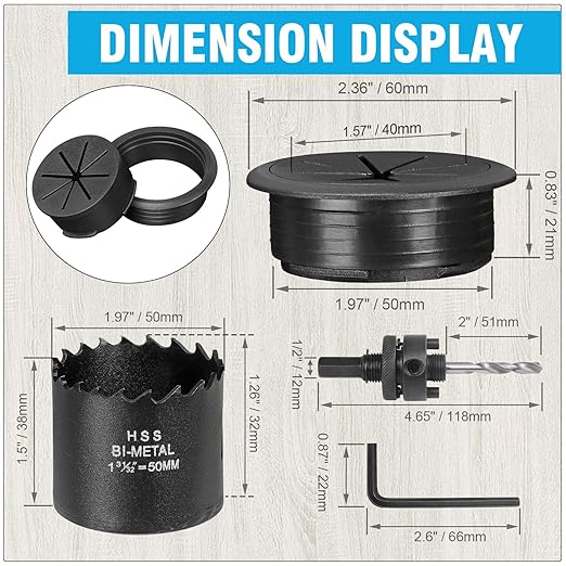 2" Black Desk Grommet, JTemgle Flexible Cable Grommet with Bi-Metal Hole Saw Plastic Cable Hole Cover Wire Organizer Caps Desktop Cord Management for Home Office TV Stands Tabletops, 7 Pieces