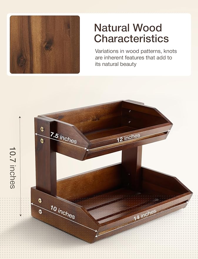 HOLANA Acacia 2 Tier Fruit Basket for Kitchen Counter Organizer – Wooden Fruit Bowl & Wooden Basket for Kitchen Counter Storage, Vegetable Produce Storage & Snack Organizer for Countertop (Walnut)