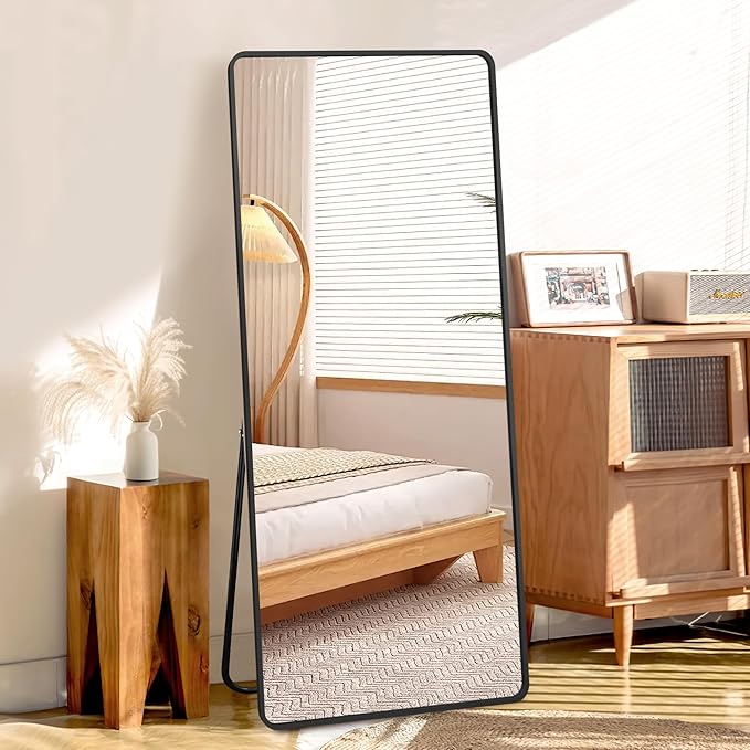 Full Length Mirror with Stand, 71"x31" Floor Mirror, Aluminum Alloy Black Thin Frame, Freestanding/Leaning/Wall Mount for Bedroom, Living Room & Entryway (Black)