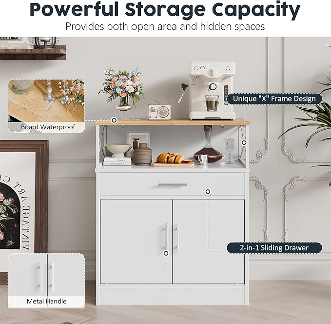 SUNLEI Farmhouse Buffet Sideboard with 2 Doors and 1 Drawer, Open Storage & Adjustable Shelf, Coffee Bar Cabinet for Kitchen/Laundry/Living Room, White