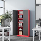Metal Storage Cabinet-71” Tall Steel File Cabinets with Lockable Doors and Adjustable Shelves-Black&Red Steel Storage Cabinet for Home,Kitchen, School, Office, Garage