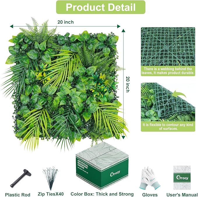 20"X20" Artificial Grass Wall, 12PCS Boxwood Hedge Panels UV-Protected Greenery Privacy Hedge Screen, Grass Backdrop Wall for Indoor Outdoor Patio Balcony, Party Garden Fence Decor