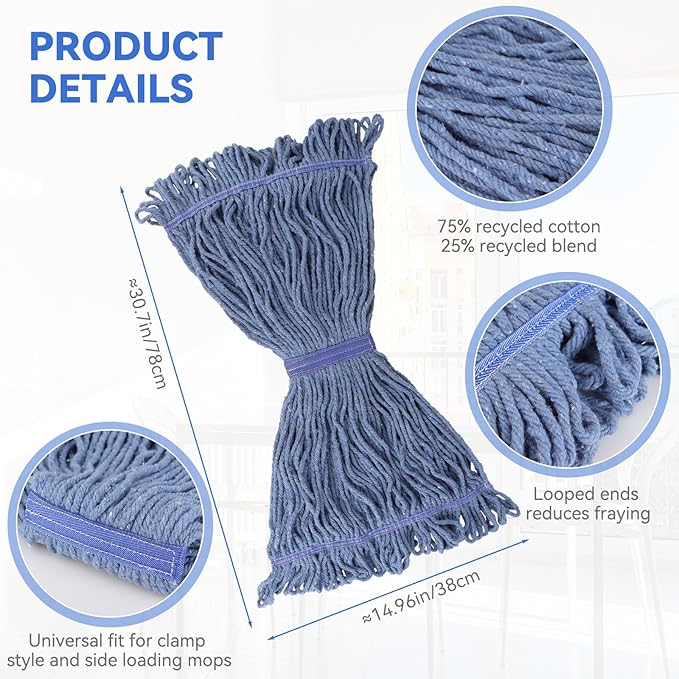 Commercial Heavy Duty Mop Heads Replacement for Rubbermaid: 3 Packs Industrial Wet Mop Head for Floor Cleaning - Commercial Products Looped End String Head Refills