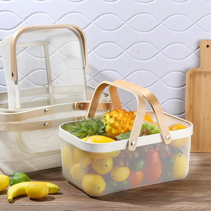 Sadnyy 4 Pcs Metal Wire Storage Basket with Handle Mesh Harvest Durable Vegetables Fruit Basket for Garden Organizing, Kitchen, Countertop, Closet, Bedroom (16 x 9.8 x 7.1 Inch,White)