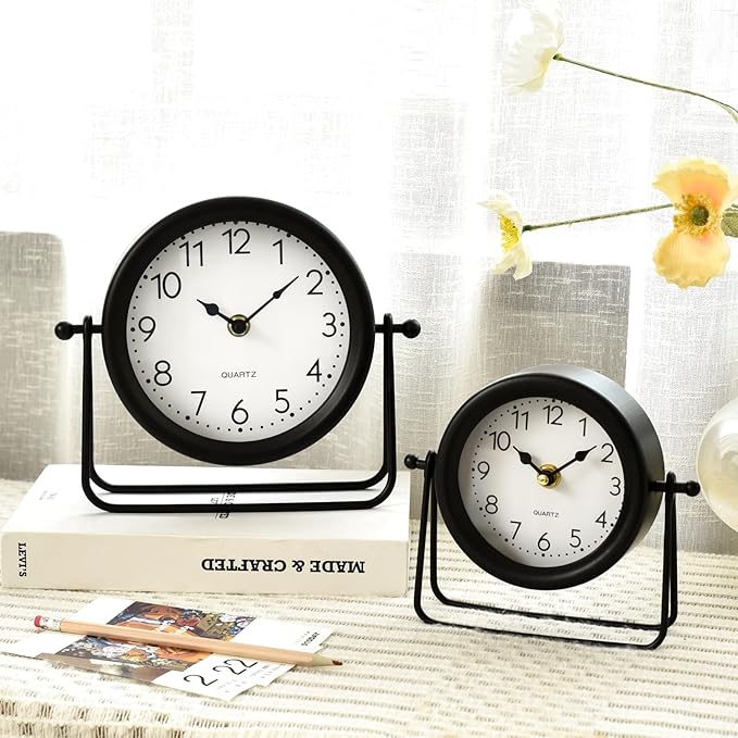 Small Black Desk and Shelf Clock, 5.9*6.9 Inch Retro Elegant Tabletop Clock with Glass Cover, Silent Non-Ticking Battery Operated Decorative Clock for Living Room, Office, Bedroom, Gift Idea