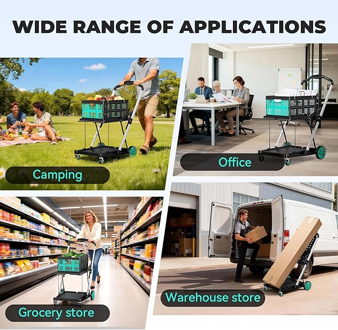 Collapsible Shopping Cart with Wheels, 6-in-1 200LBS Capacity Grocery Cart on Wheels with 1 Storage Crate, Folding Utility Cart for Shopping, Travel, Supermarket, Office, Teal