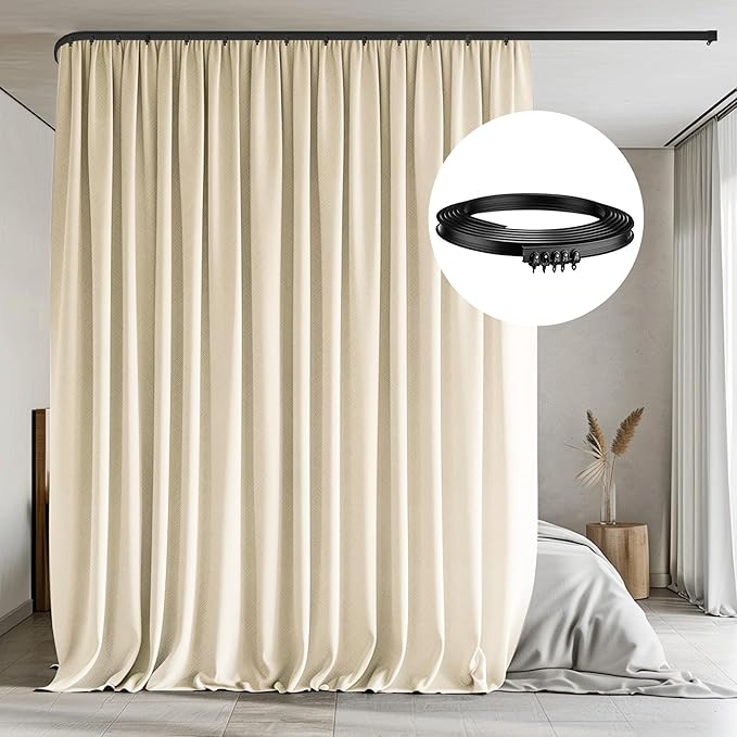 Room Divider Curtain with Flexible Ceiling Track Set.(Beige W120 x H96 1 Panel)