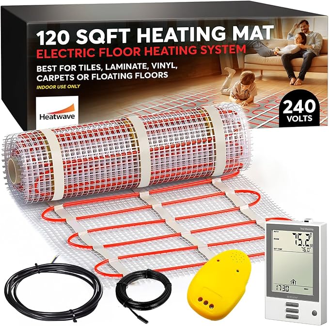 Electric Heated Floor System, 120 Sqft 240V Underfloor Electric Heating System, Heated Floor Mat, Radiant Heaters for Indoor Use, Heating Mat with 7-Day/4 Event Programmable GFCI Thermostat